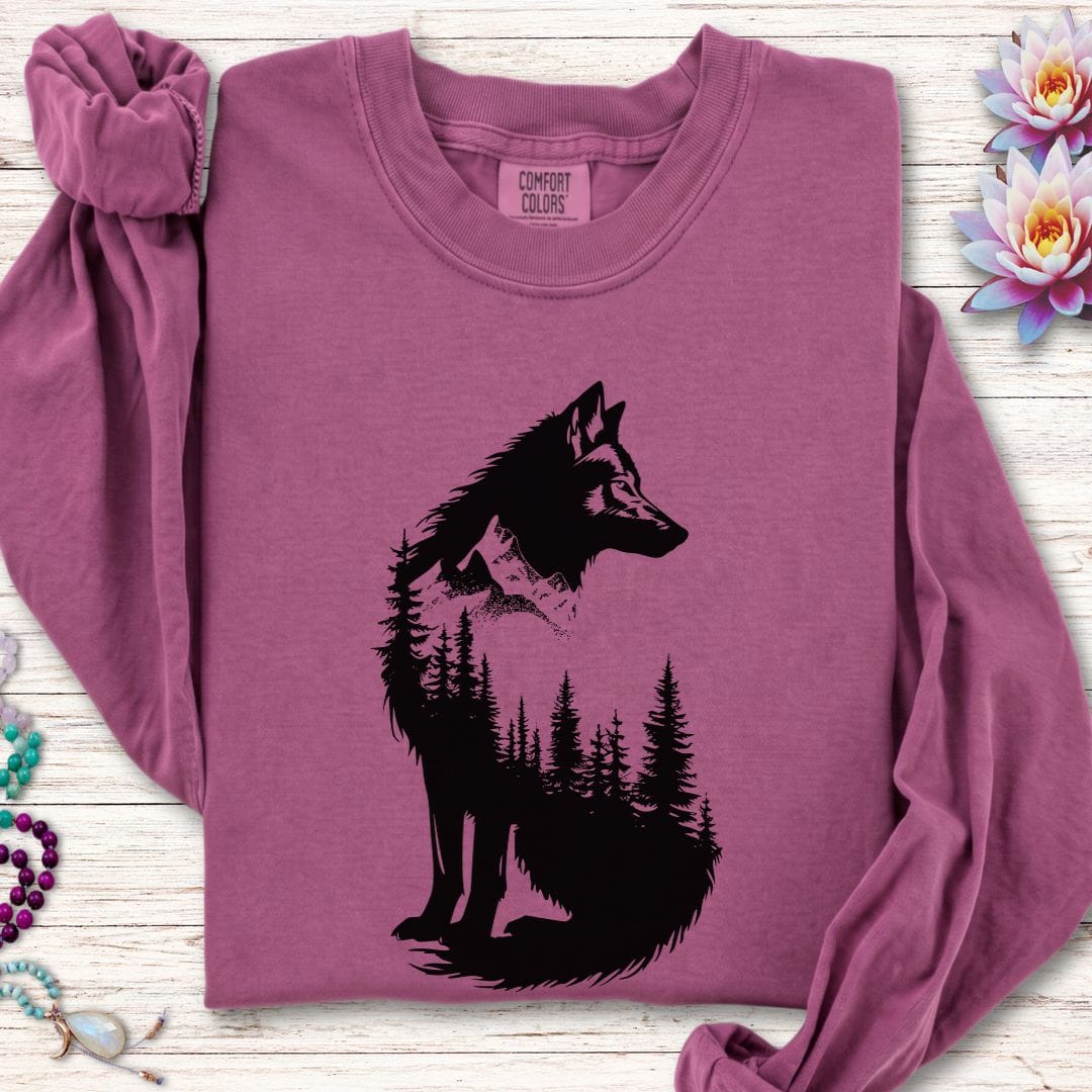 Printify Long-sleeve Wolf Forest Long Sleeve Tee Berry / S
