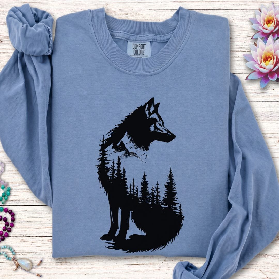 Printify Long-sleeve Wolf Forest Long Sleeve Tee Blue Jean / S