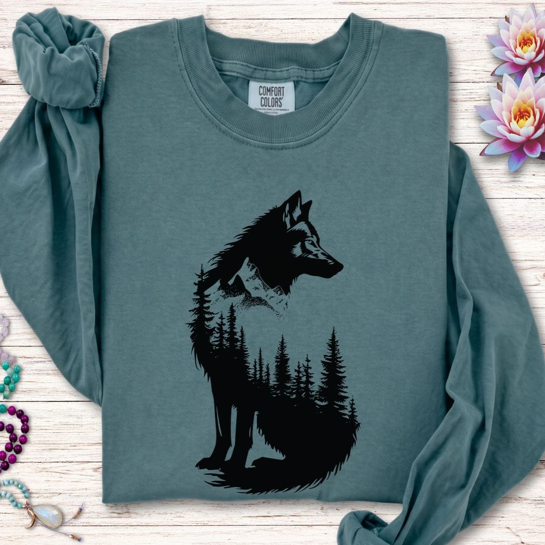 Printify Long-sleeve Wolf Forest Long Sleeve Tee Blue Spruce / S