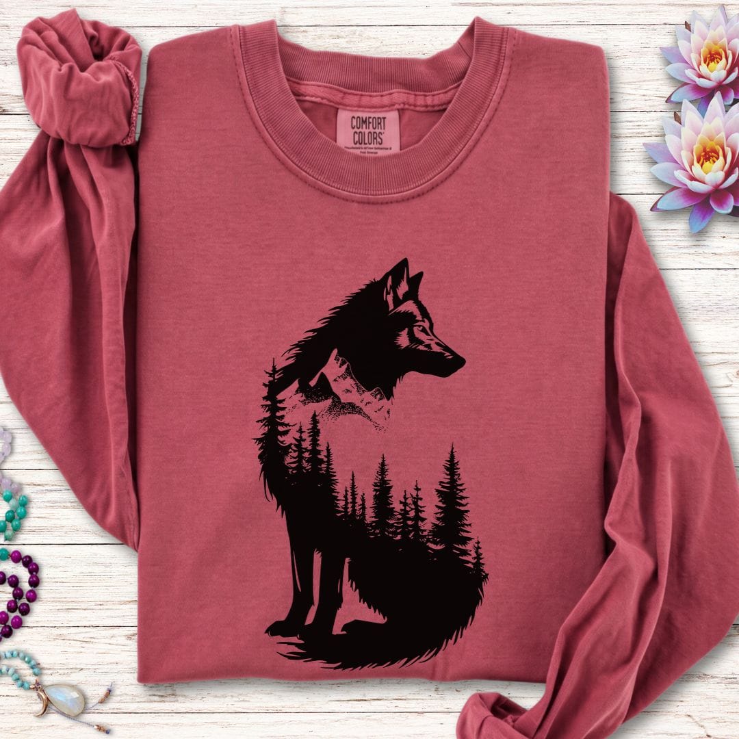 Printify Long-sleeve Wolf Forest Long Sleeve Tee Crimson / S