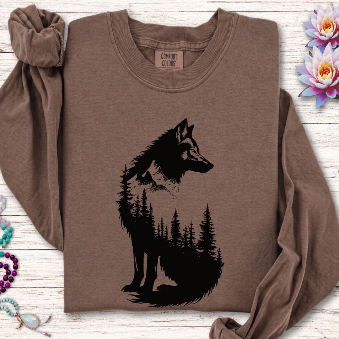 Printify Long-sleeve Wolf Forest Long Sleeve Tee Espresso / S