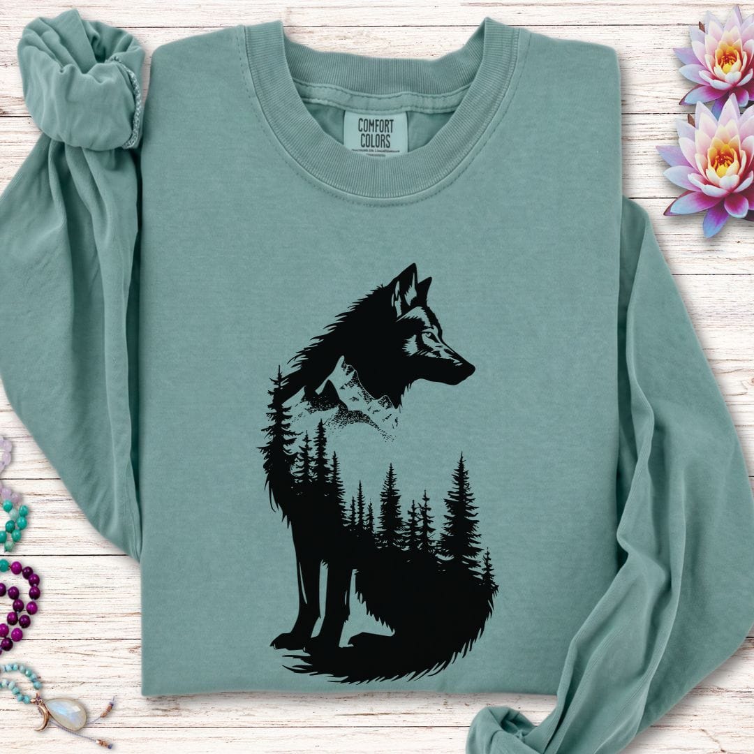 Printify Long-sleeve Wolf Forest Long Sleeve Tee Light Green / S