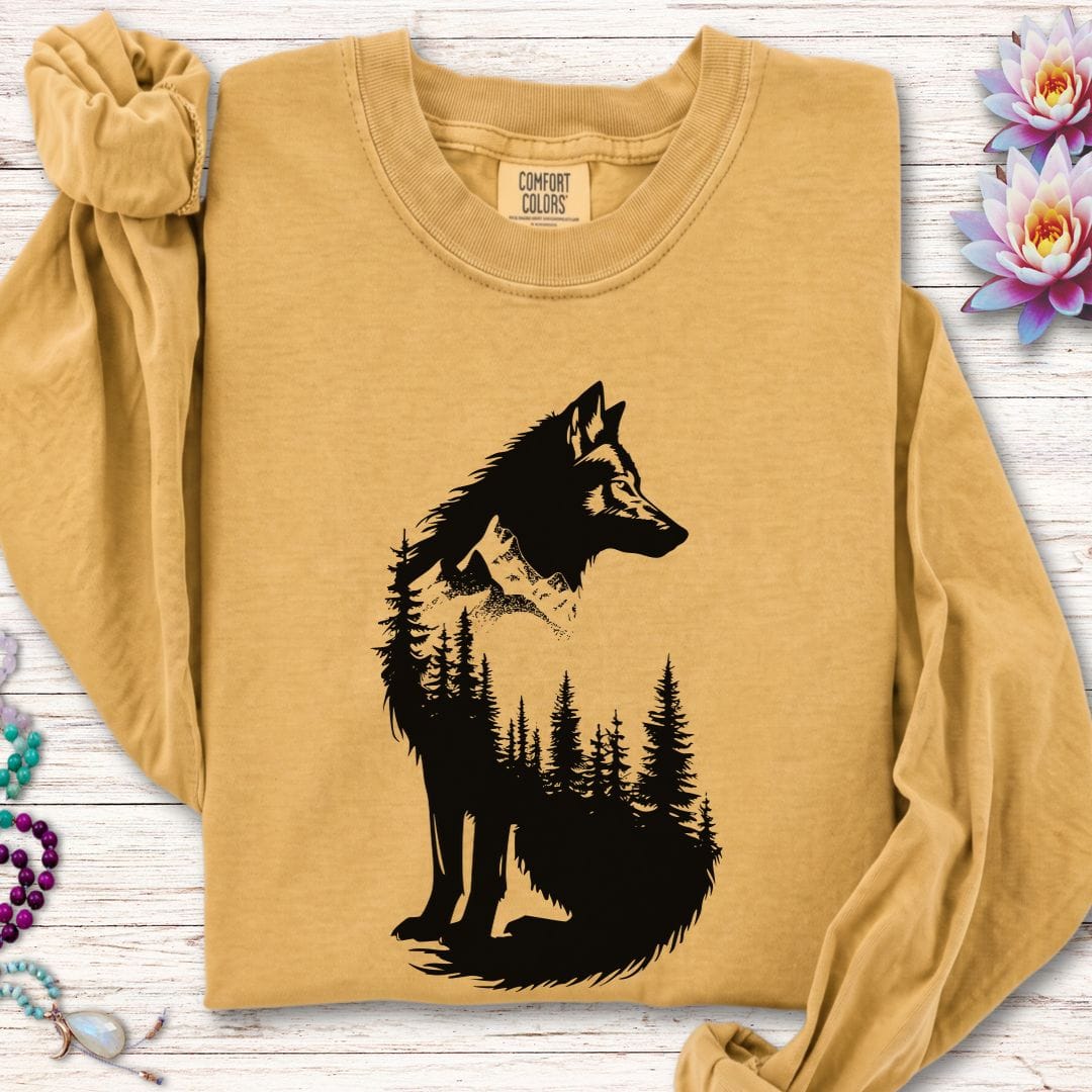 Printify Long-sleeve Wolf Forest Long Sleeve Tee Mustard / S