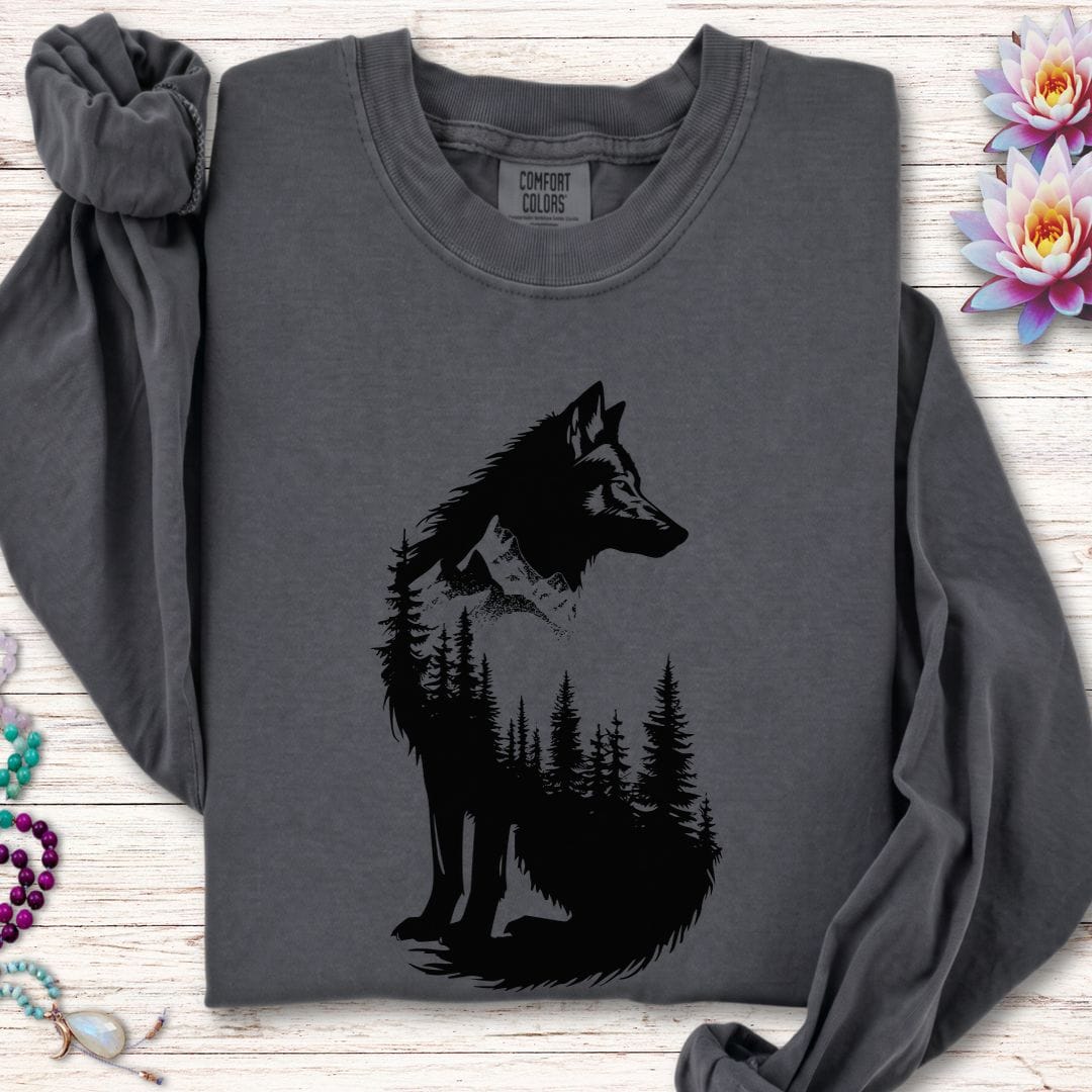 Printify Long-sleeve Wolf Forest Long Sleeve Tee Pepper / S