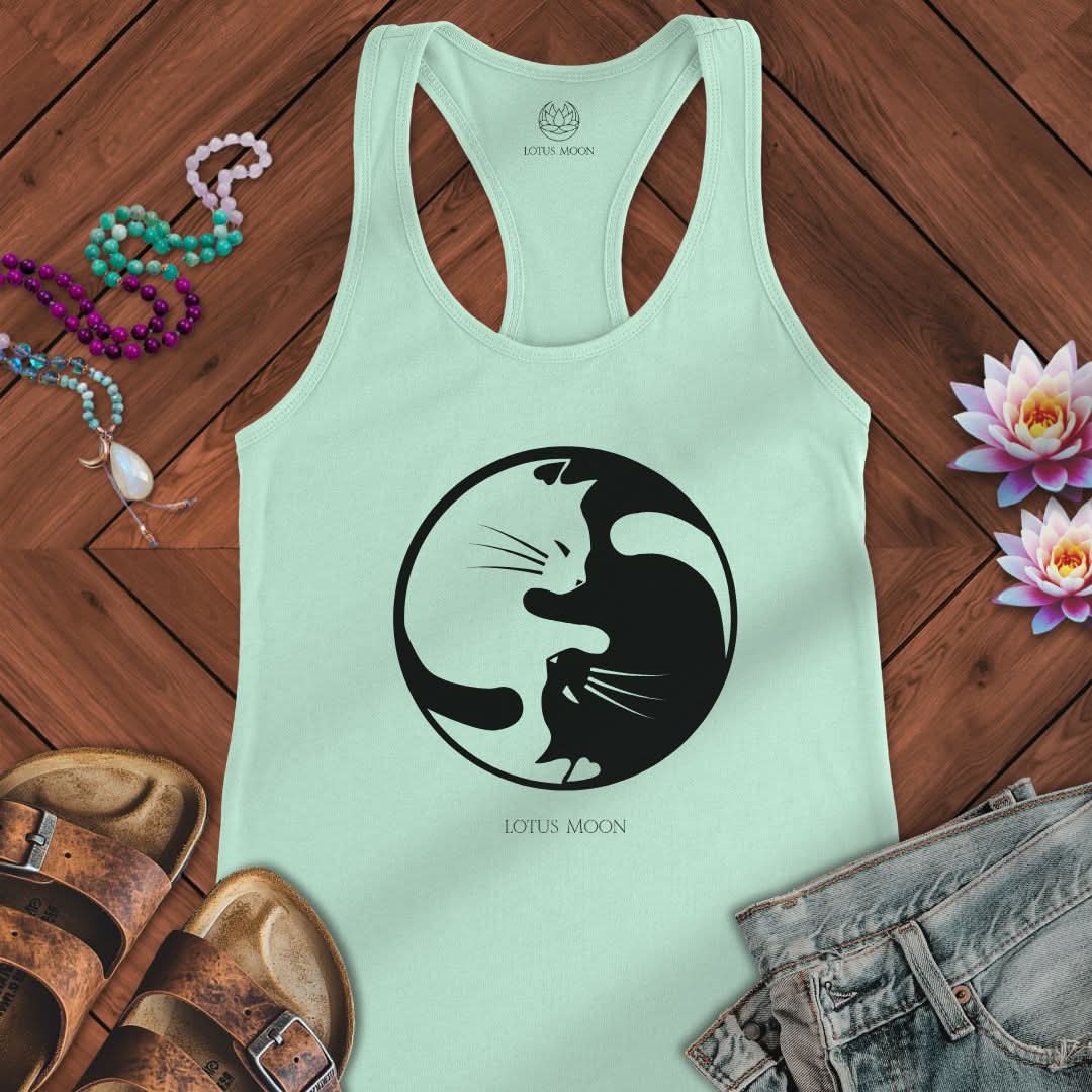 Yin Yang Cats Tank Solid Mint