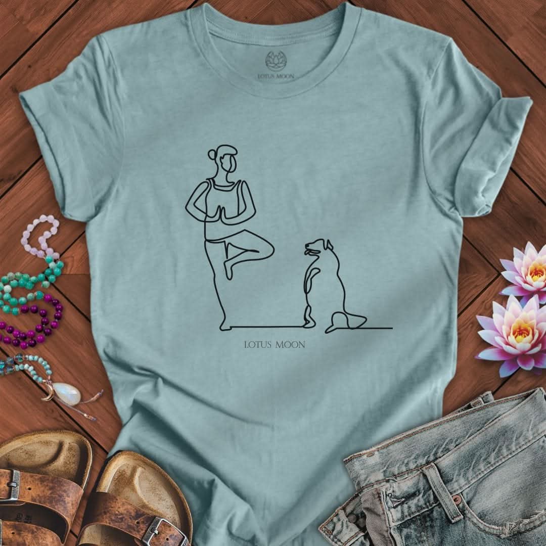 Yoga With Dog Line Art Tee Heather Blue Lagoon