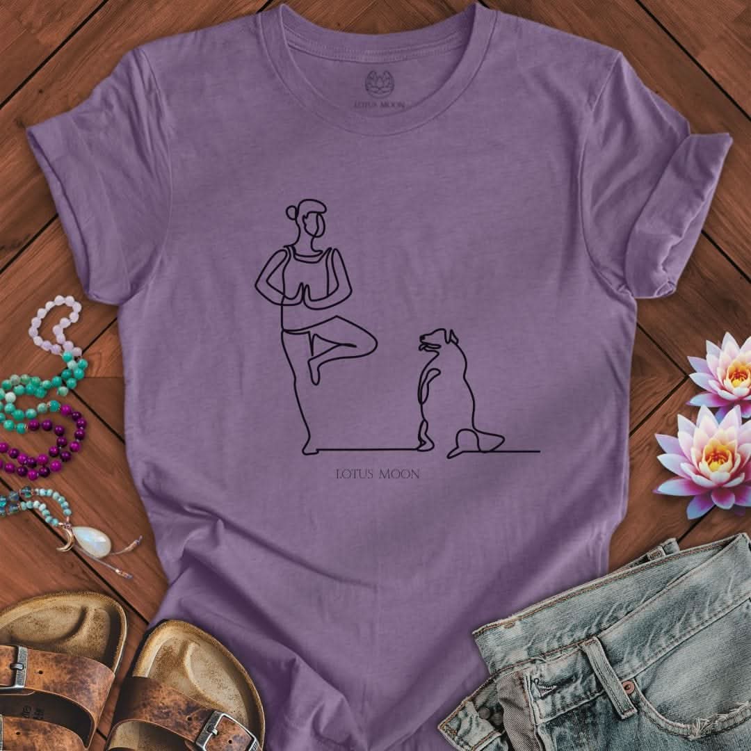 Yoga With Dog Line Art Tee Heather Purple