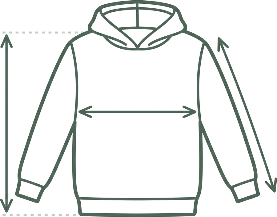 Hoodie laid flat with width, length and sleeve measurements marked