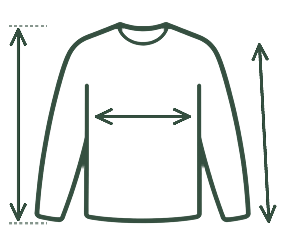 Long sleeve tee laid flat with width, length and sleeve measurements marked