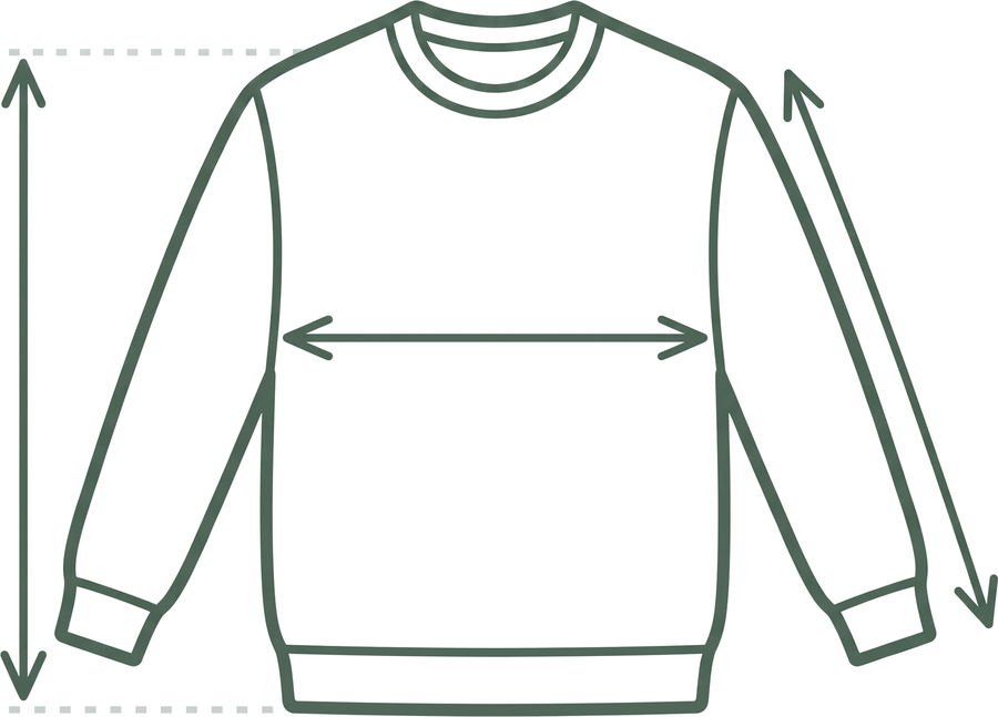 Sweatshirt laid flat with width, length and sleeve measurements marked