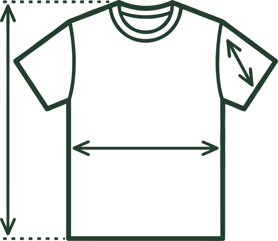 Tee laid flat with width, length and sleeve length marked