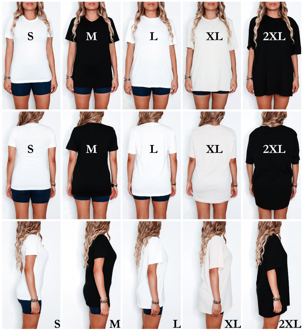 Model wearing the tee in sizes S through 2XL, shown from the front, back and side